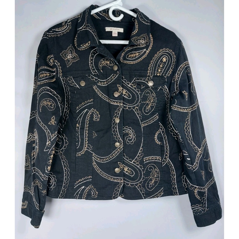 JM Collection Black Denim Blazer Jacket Paisley Gold Silver Stitching Wms 12